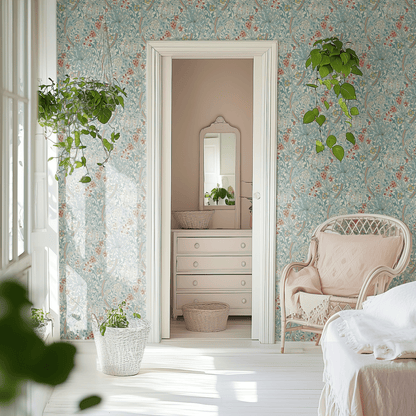Green Floral Wallpaper shown in a second room with the green Golden Lily reading as decoratively rich Morris and Co decoration