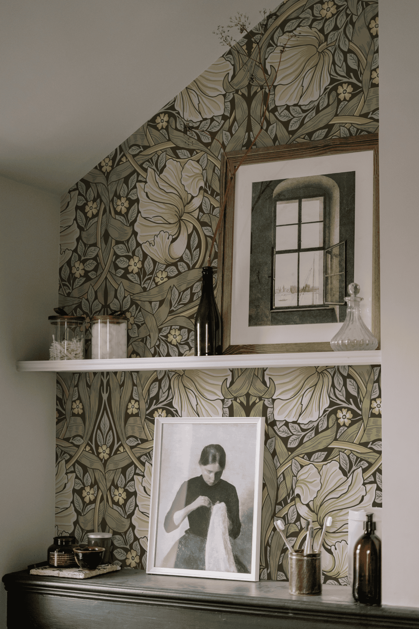 William Morris Pimpernel Green wallpaper with the 1876 Morris pimpernel design used in his own Kelmscott House dining room, shown installed on a living-room wall at room scale