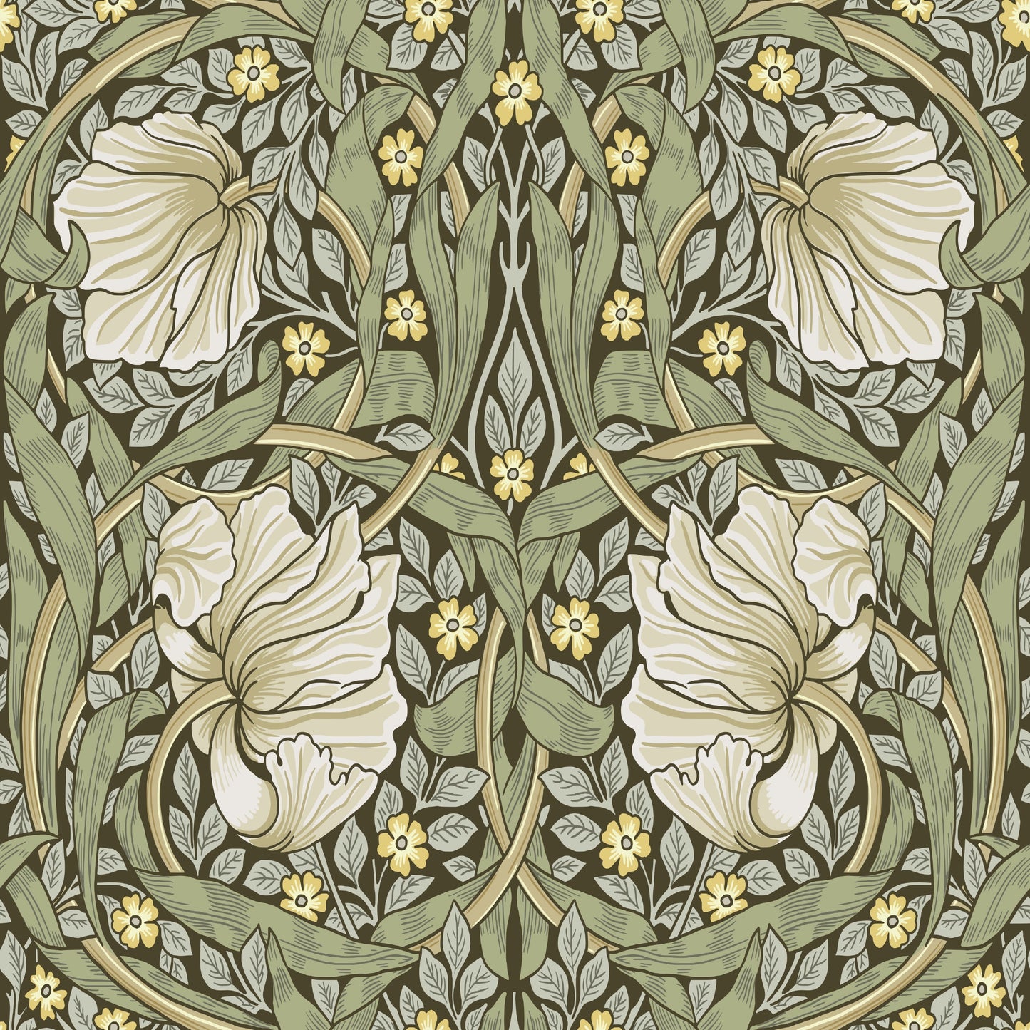 William Morris Pimpernel Green wallpaper with the 1876 Morris pimpernel design used in his own Kelmscott House dining room, shown as a wallpaper roll close-up revealing the printed detail
