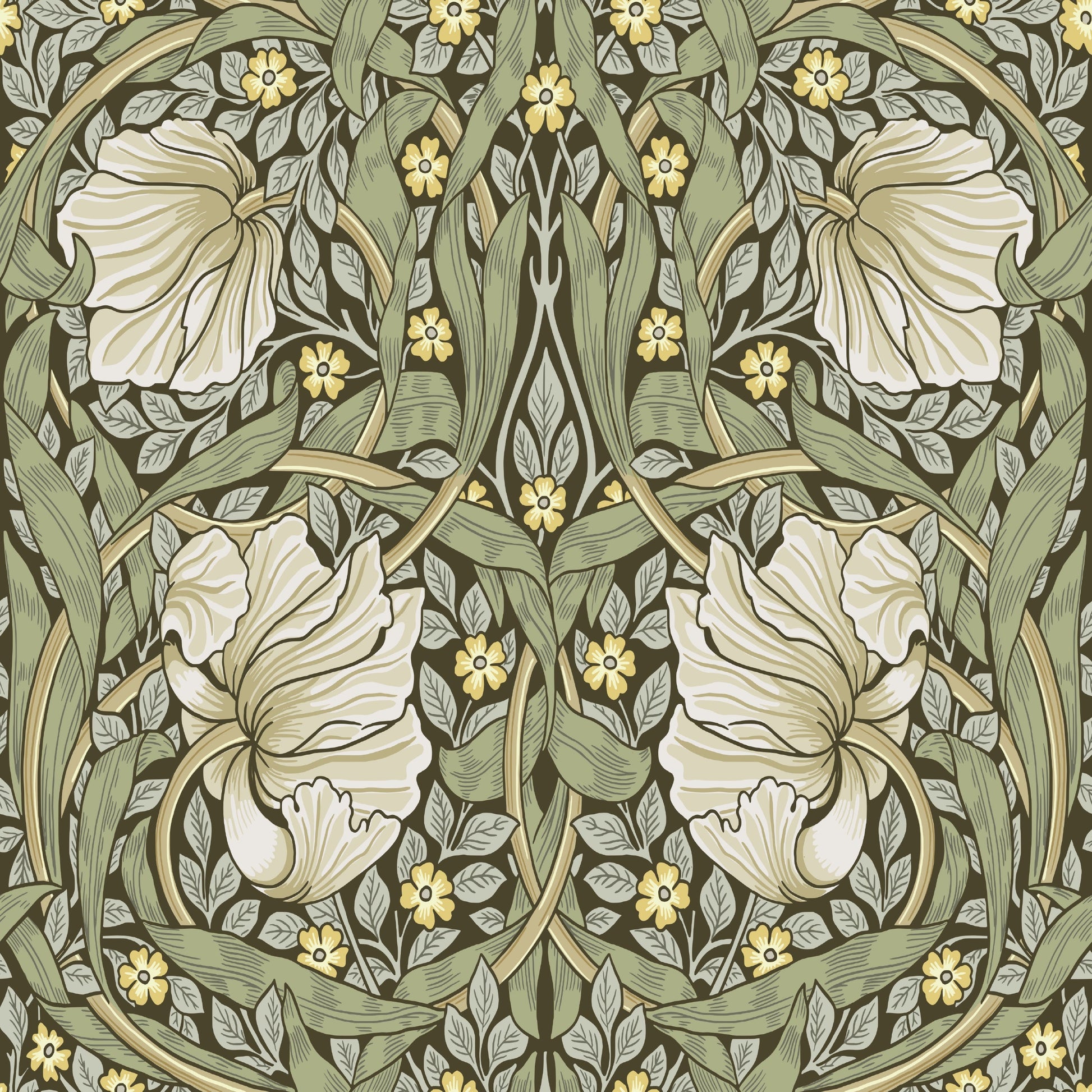 William Morris Pimpernel Green wallpaper with the 1876 Morris pimpernel design used in his own Kelmscott House dining room, shown as a wallpaper roll close-up revealing the printed detail