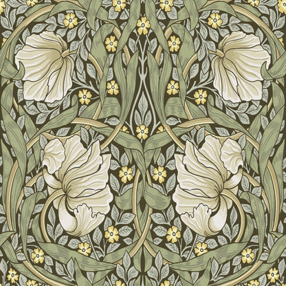 William Morris Pimpernel Green wallpaper with the 1876 Morris pimpernel design used in his own Kelmscott House dining room, shown as a wallpaper roll close-up revealing the printed detail