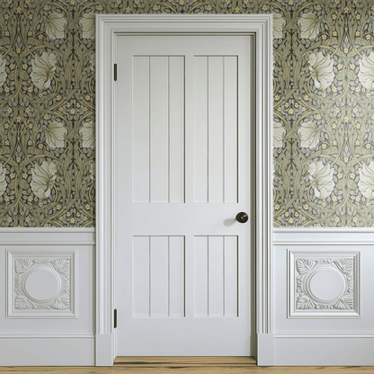 William Morris Pimpernel Green wallpaper with the 1876 Morris pimpernel design used in his own Kelmscott House dining room, shown as a tiled pattern preview to illustrate the repeat