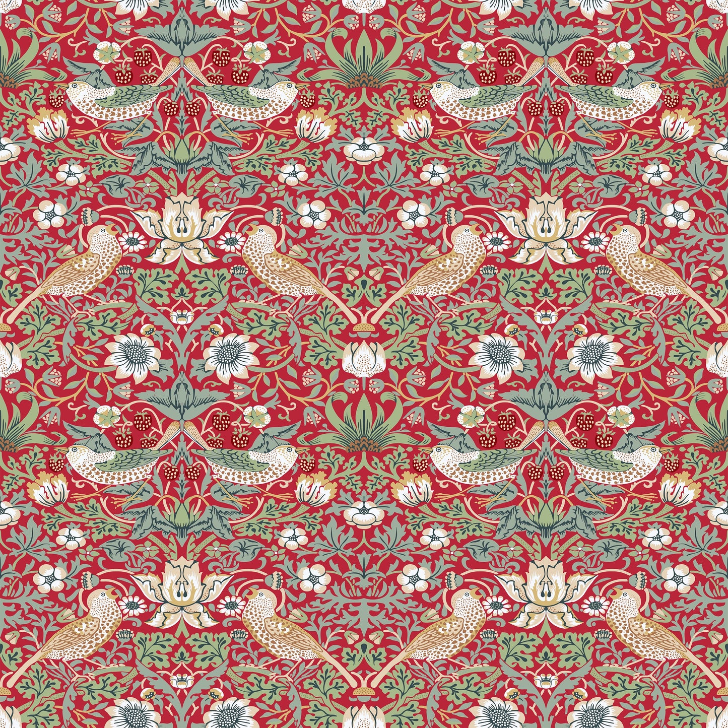 Red Bird Pattern Wallpaper tile preview with the thrush-and-strawberry pattern laid out across panels in deep heritage red Morris handling