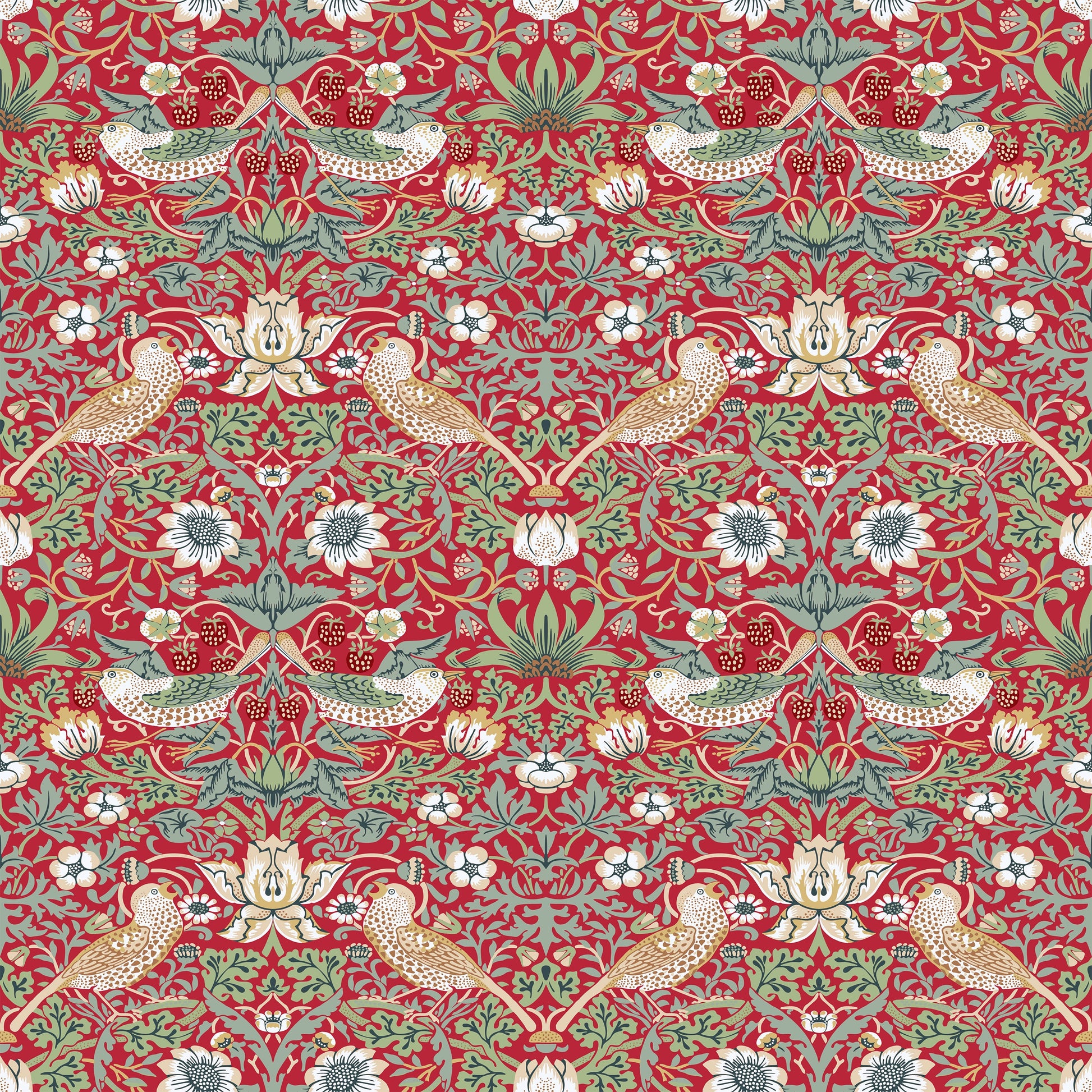 Red Bird Pattern Wallpaper tile preview with the thrush-and-strawberry pattern laid out across panels in deep heritage red Morris handling