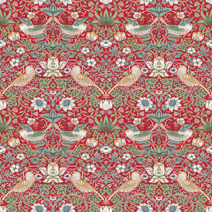 Red Bird Pattern Wallpaper tile preview with the thrush-and-strawberry pattern laid out across panels in deep heritage red Morris handling