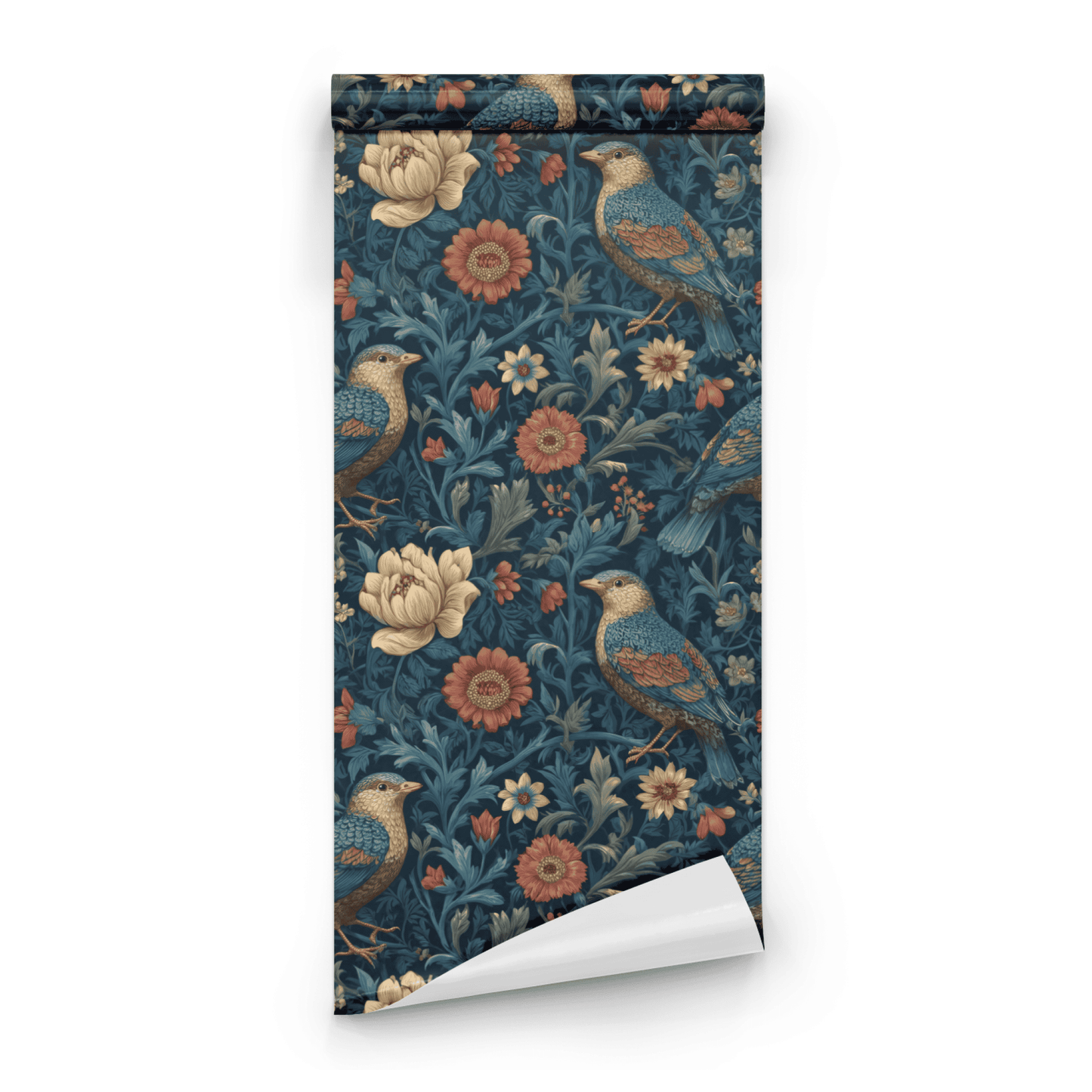 Blue Floral Wallpaper roll preview showing the sparrow drawing in close vintage blue woodland detail