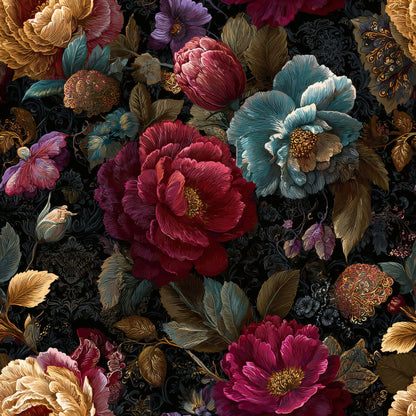 Opulent floral pattern with rich reds, golds, and blues on a dark background.