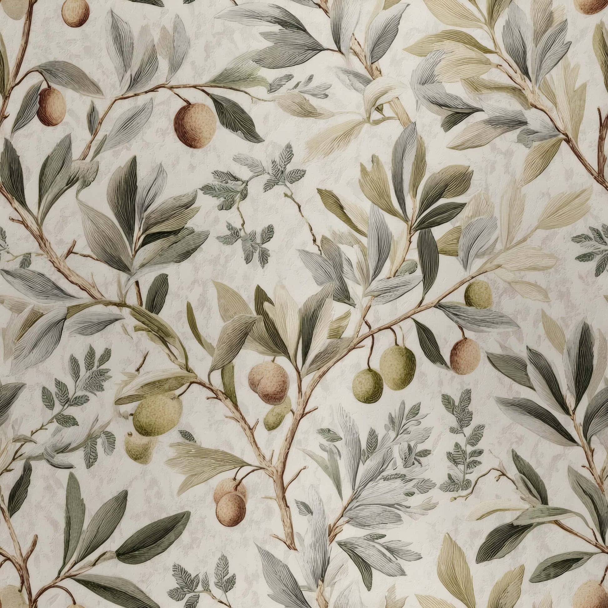 Elegant wallpaper with delicate olive branches and neutral foliage in earthy tones.