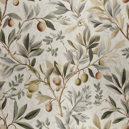 Elegant wallpaper with delicate olive branches and neutral foliage in earthy tones.