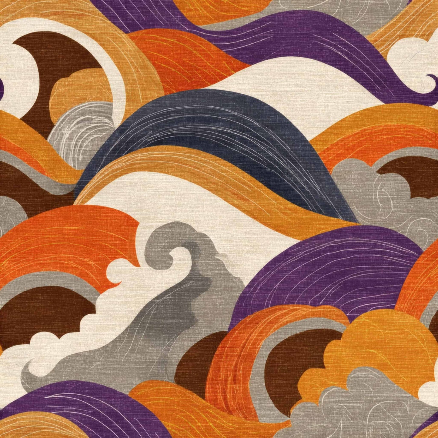 Abstract wallpaper with bold orange, purple, and gray waves.