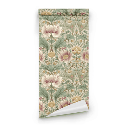 Green Floral Wallpaper roll close-up showing the foliage drawing and the green-with-crimson Arts and Crafts detail in close line work
