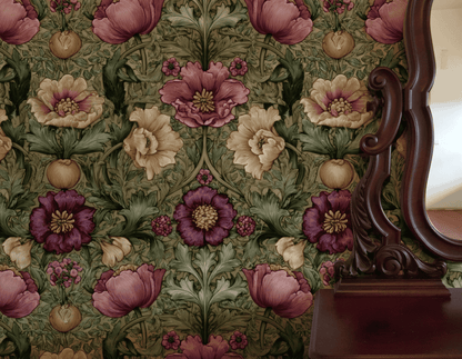 Eden Blossom Wallpaper in muted green, cream, and purple adds timeless elegance; a dark wood-framed mirror is partially visible on the right.