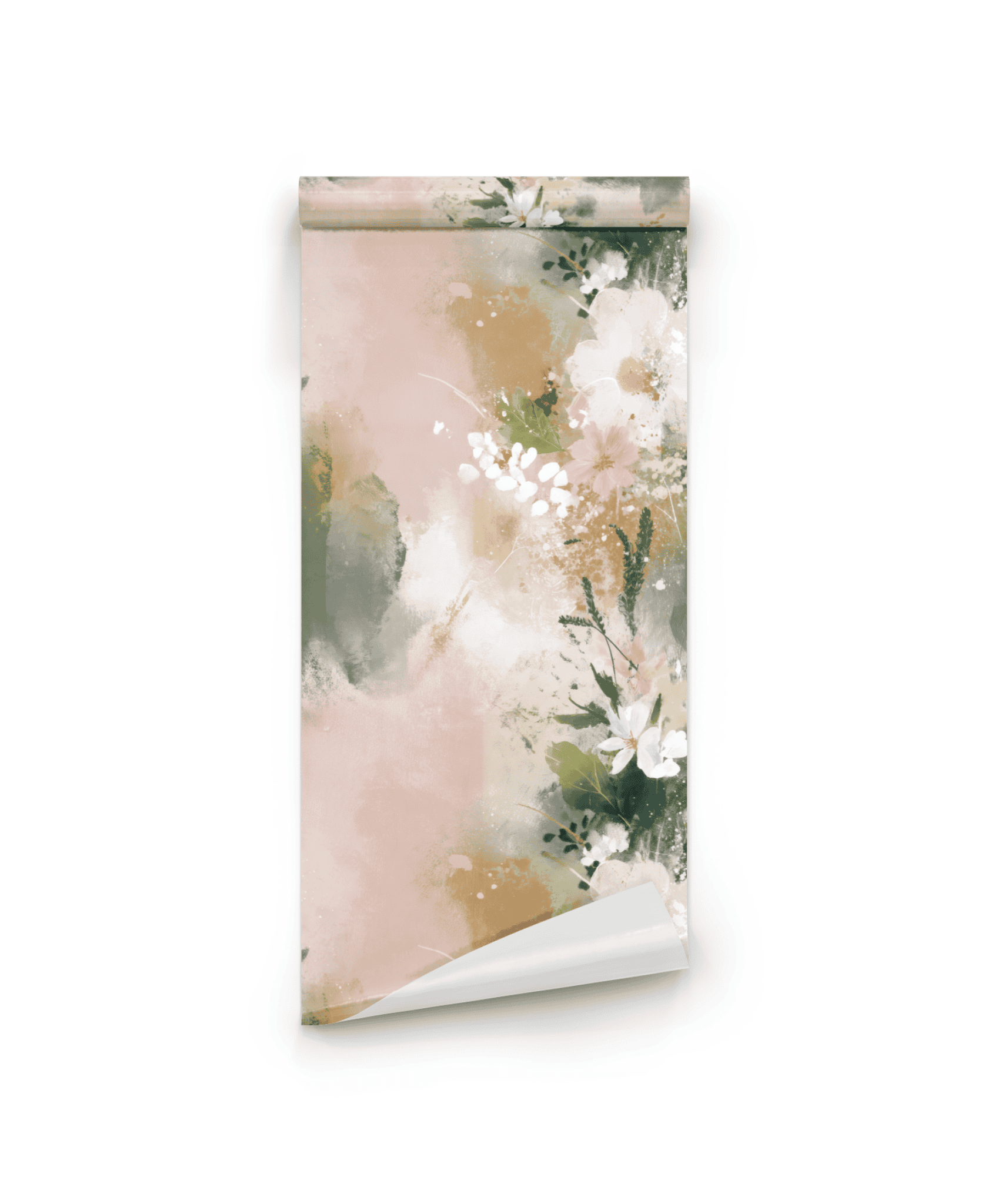Whispering Flora Wallpaper features a nature-inspired pastel floral design in pink, green, and white tones with abstract brushstrokes and scattered flowers.