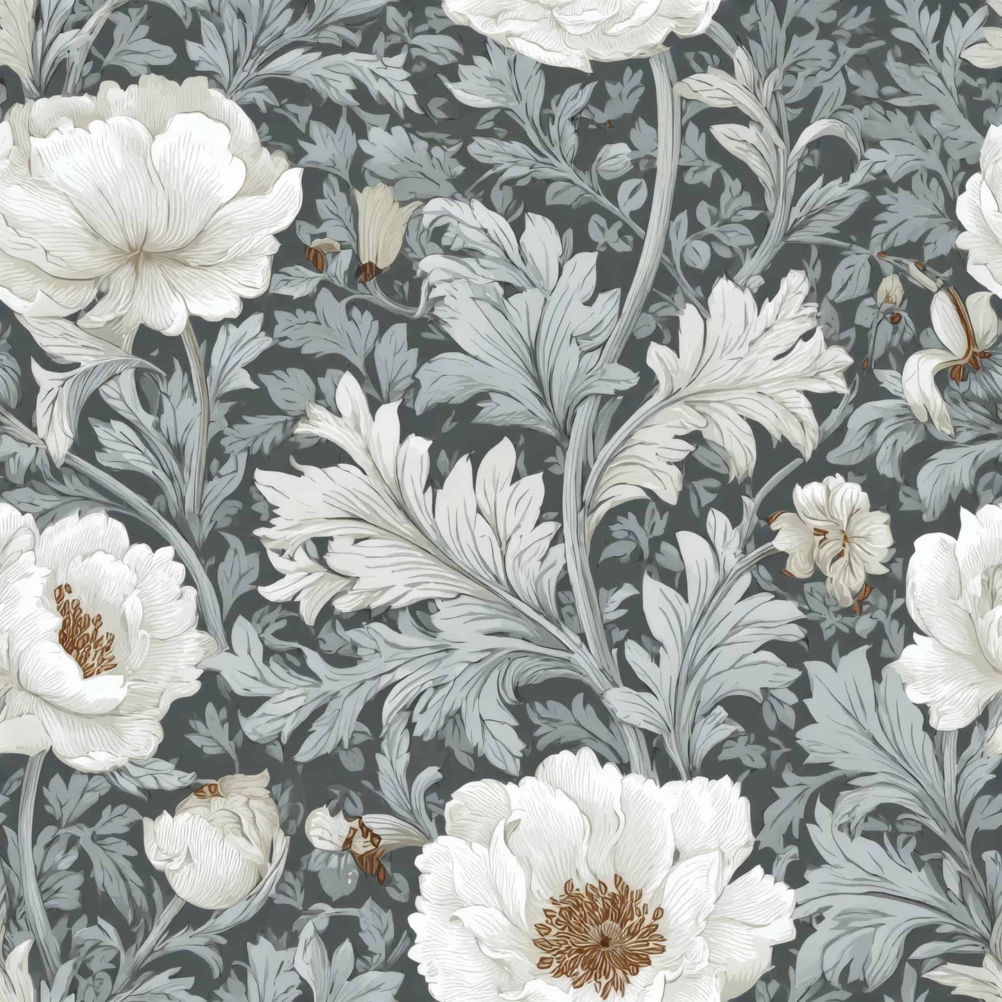 Wallpaper featuring ivory flowers and leaves on a grey background, with intricate details.