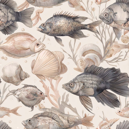 Illustrated wallpaper featuring fish and seashell patterns in soft beige and gray tones.