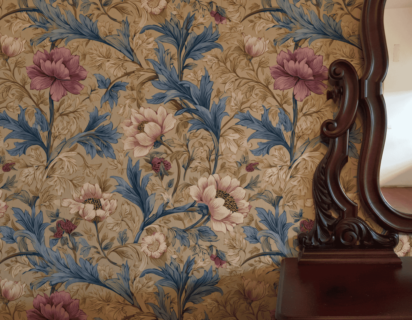 A section of Vintage Blossom Wallpaper with blue and purple flowers is displayed beside a carved wooden mirror on a dark wooden dresser.