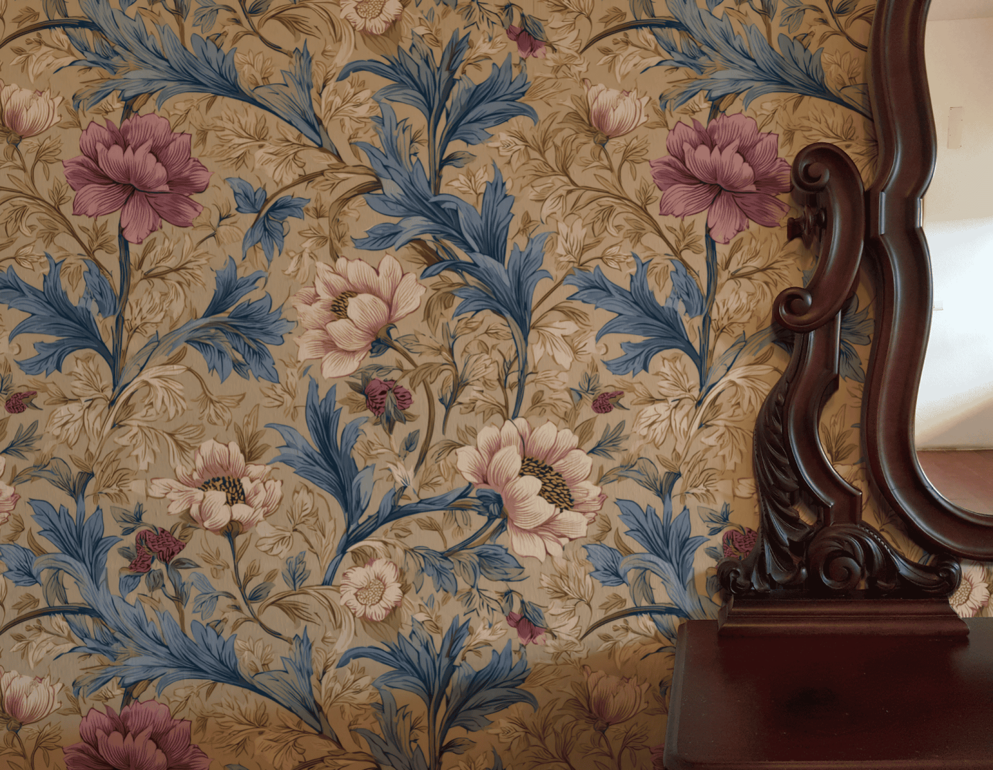 A section of Vintage Blossom Wallpaper with blue and purple flowers is displayed beside a carved wooden mirror on a dark wooden dresser.