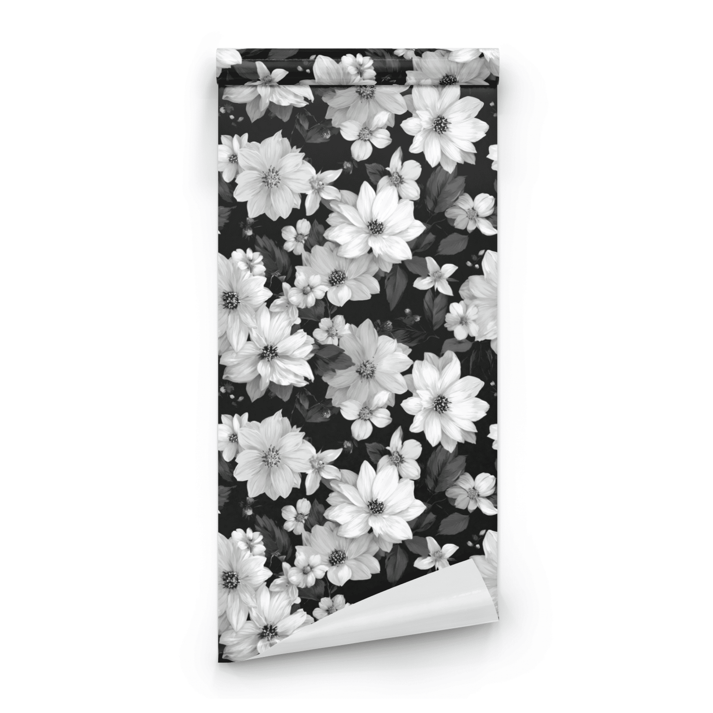 Black Floral Wallpaper roll close-up showing the bold floral drawing in close black-and-white monochrome detail