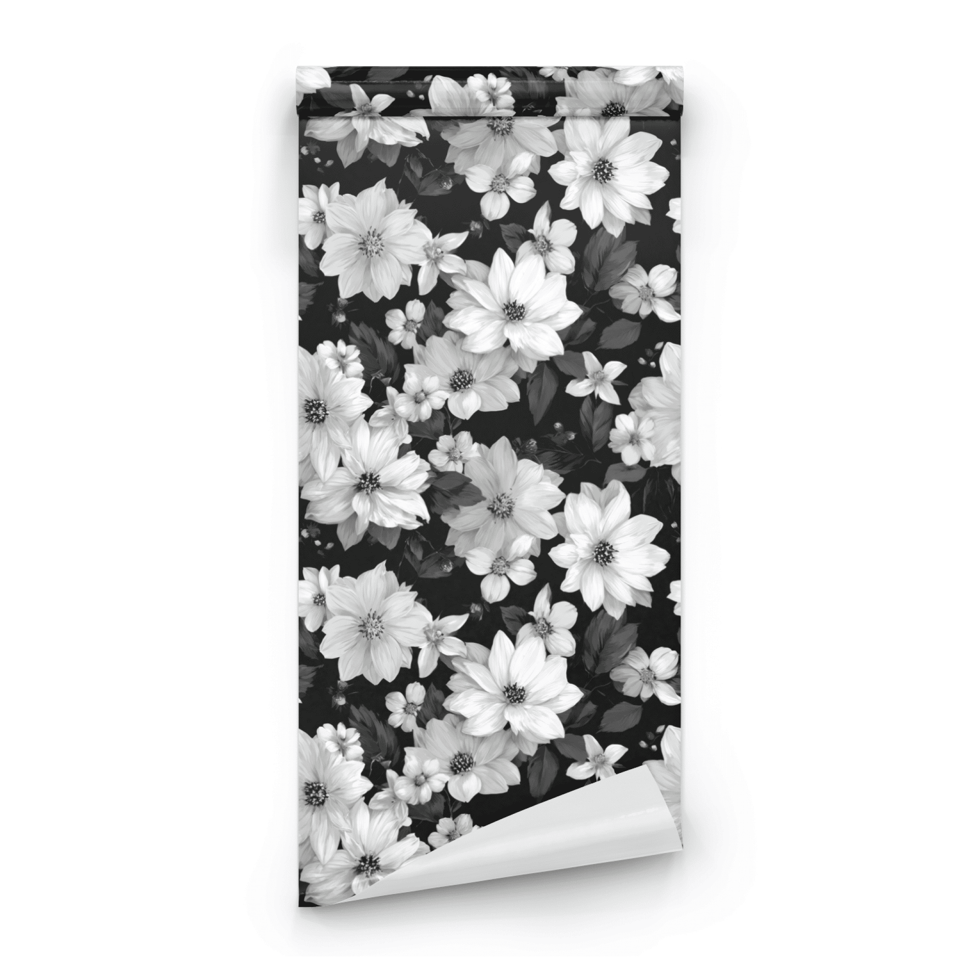 Black Floral Wallpaper roll close-up showing the bold floral drawing in close black-and-white monochrome detail