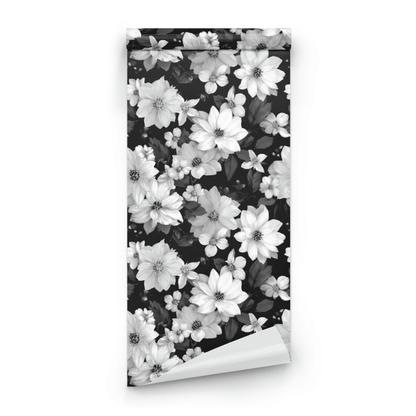 Black Floral Wallpaper roll close-up showing the bold floral drawing in close black-and-white monochrome detail