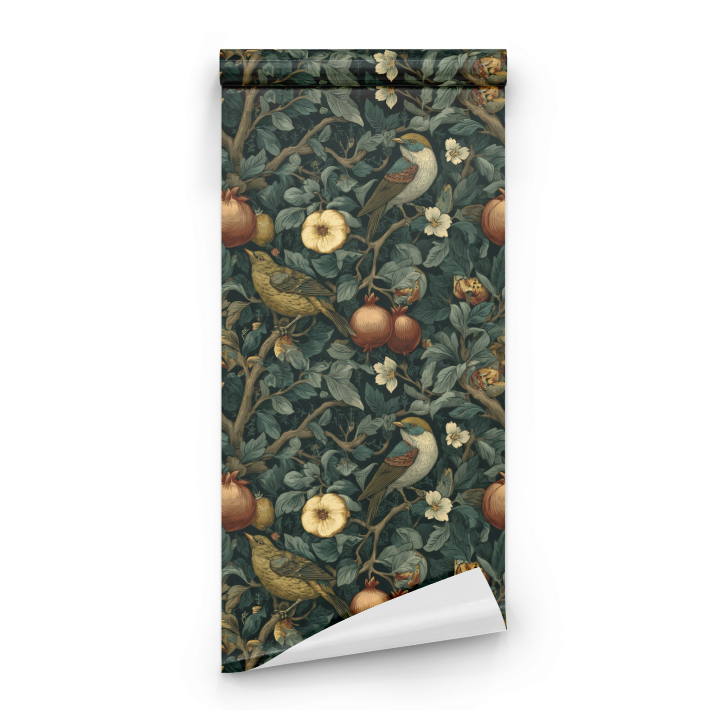 Gothic Pomegranate | Green Bird Pattern Wallpaper | Fruit Pattern - Roll Preview