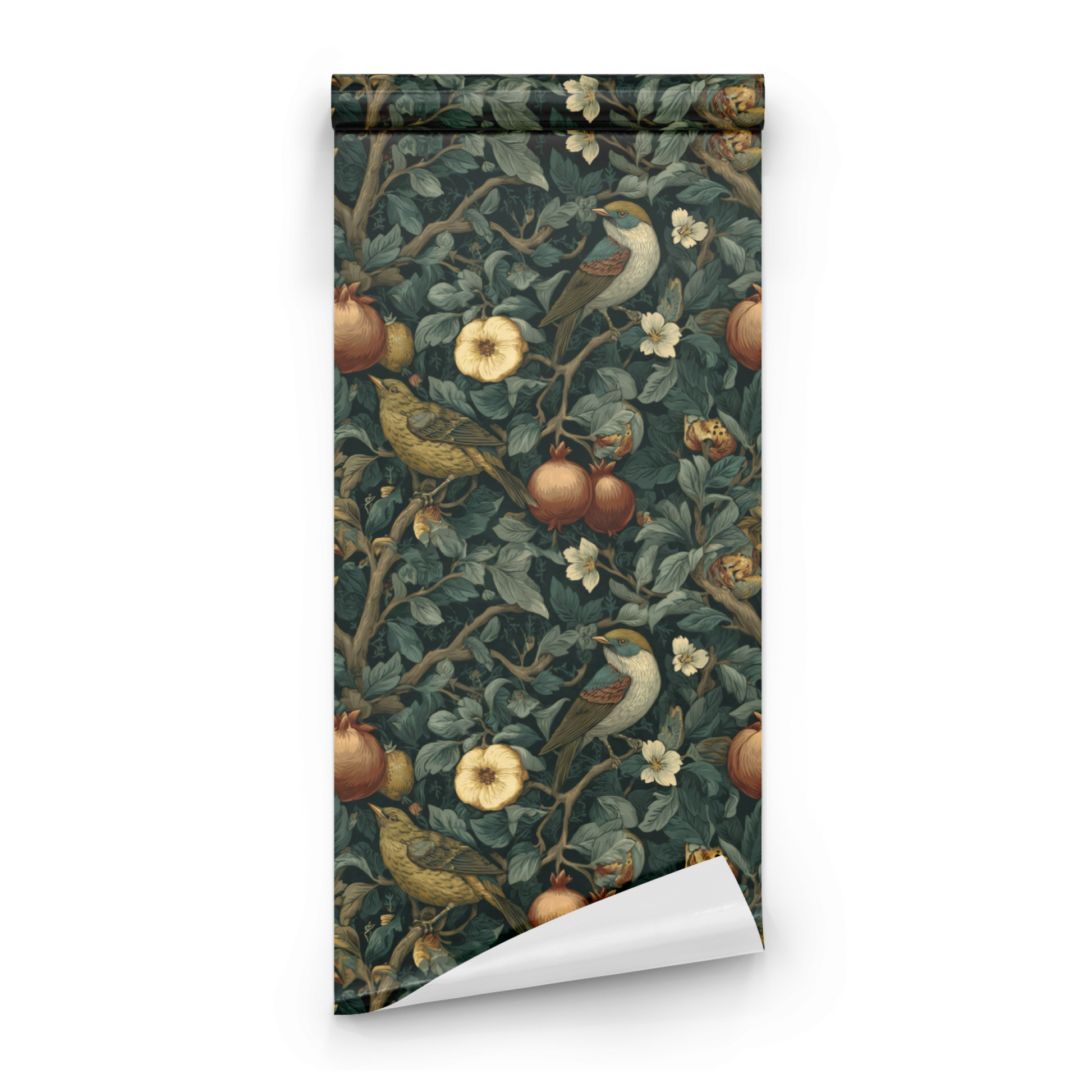 Gothic Pomegranate | Green Bird Pattern Wallpaper | Fruit Pattern - Roll Preview