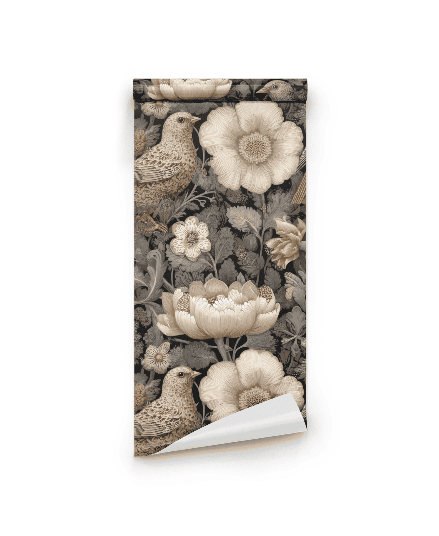 Auburn Songbird Wallpaper showcases graceful birds and delicate blossoms in detailed beige and brown floral patterns on a dark background, adding an elegant touch to any room.