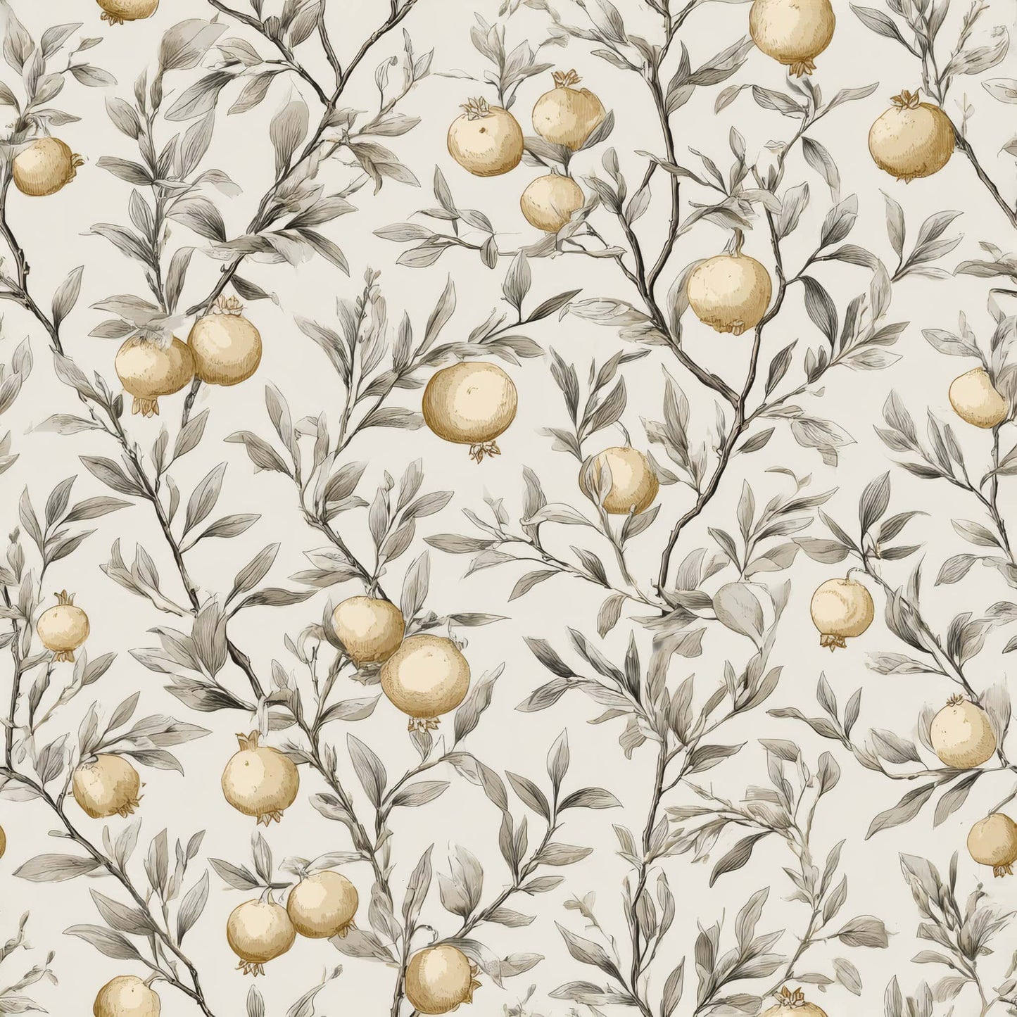 Wallpaper with golden pomegranates on sketched branches against a neutral background.