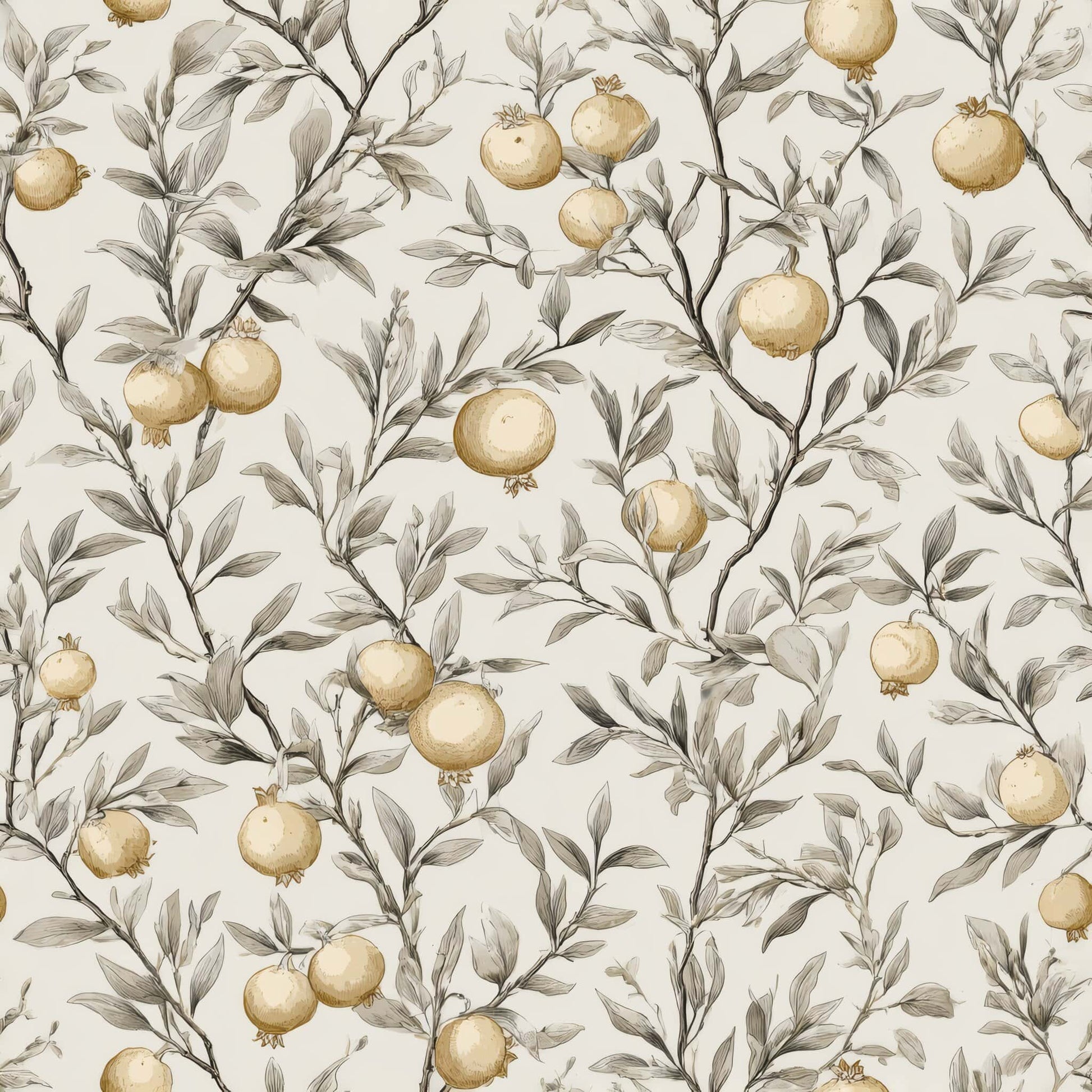 Wallpaper with golden pomegranates on sketched branches against a neutral background.