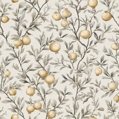 Wallpaper with golden pomegranates on sketched branches against a neutral background.