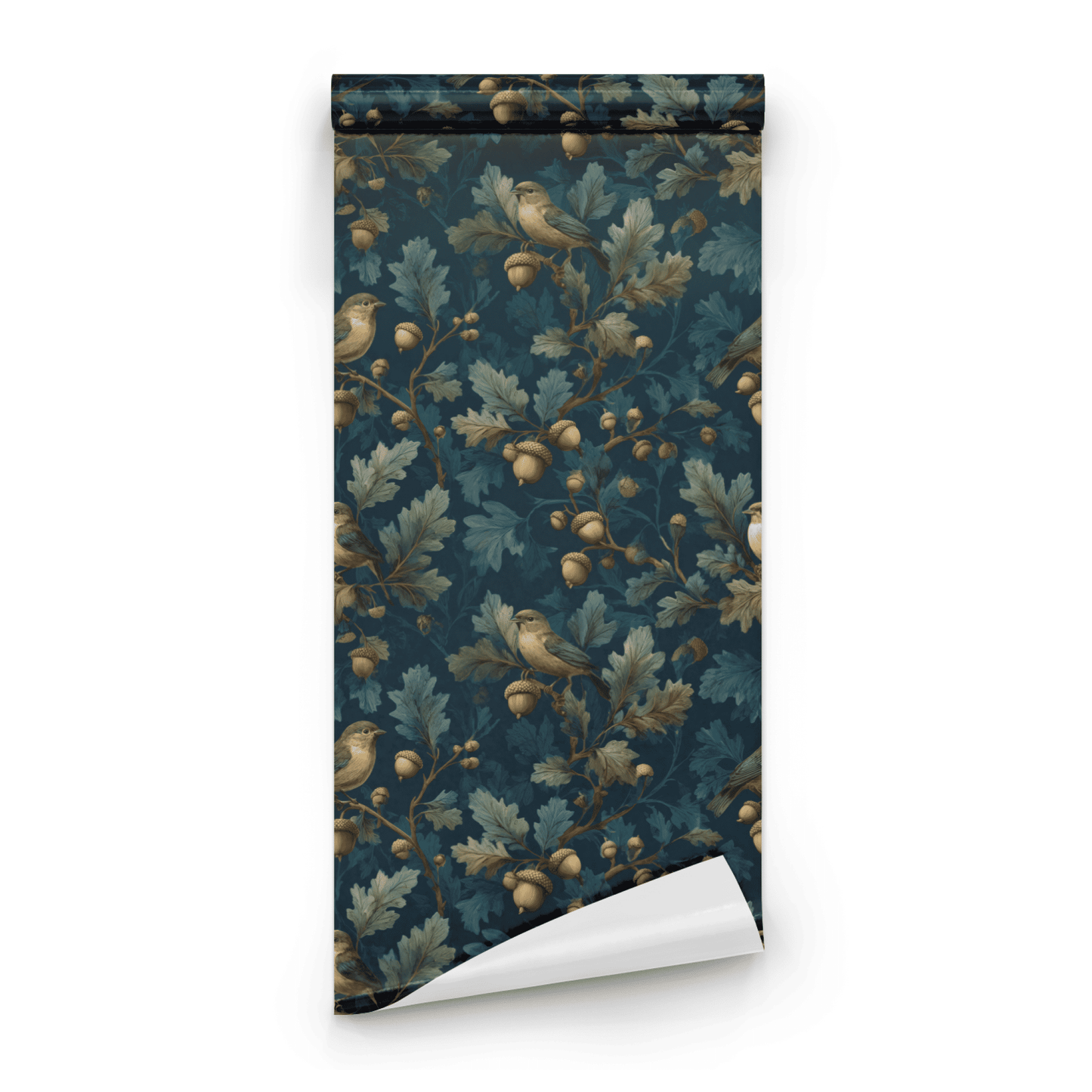 Green Bird Pattern Wallpaper roll preview showing the bird-and-oak drawing in close deep green dark botanical detail