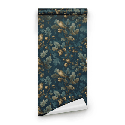Green Bird Pattern Wallpaper roll preview showing the bird-and-oak drawing in close deep green dark botanical detail