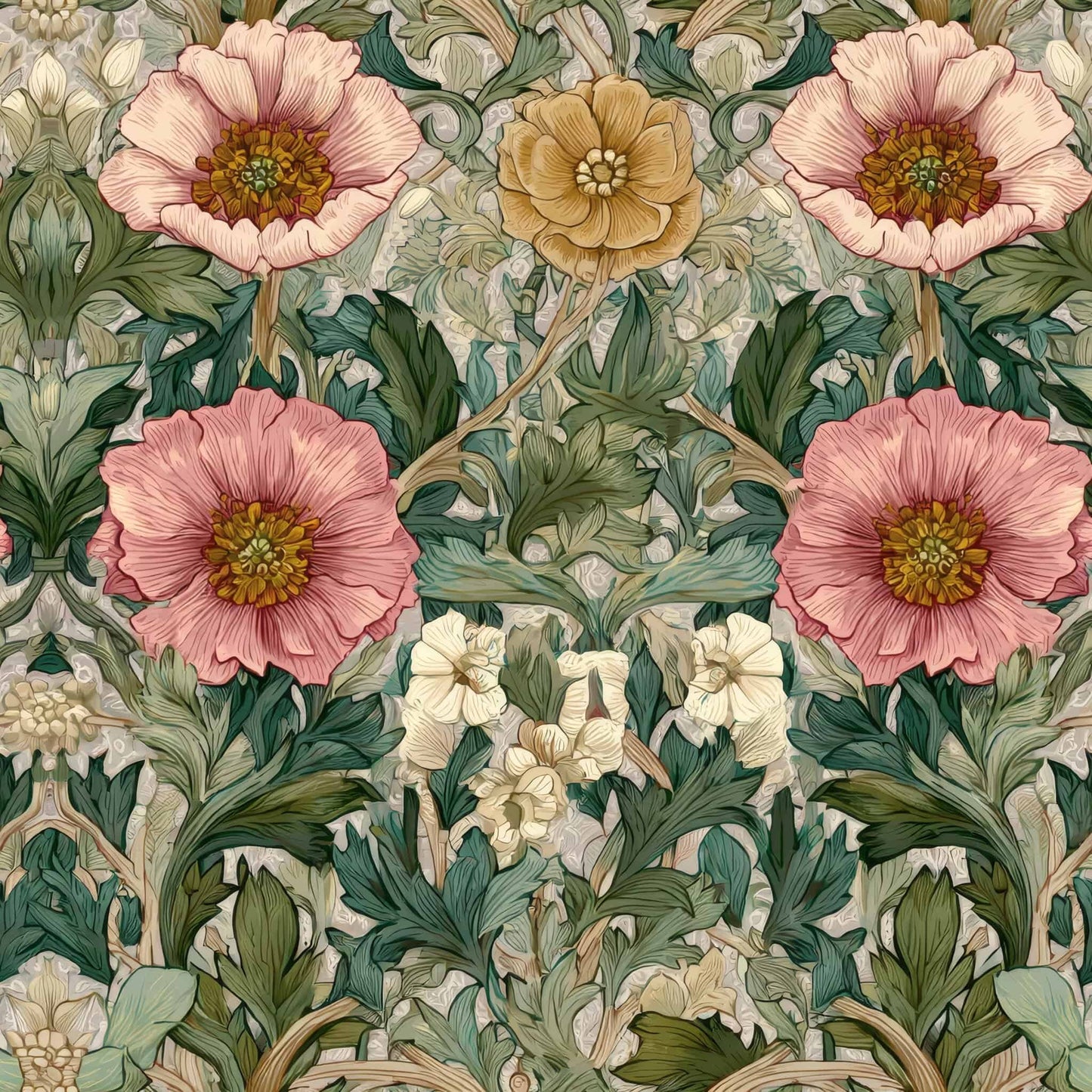 Floral wallpaper featuring pink and yellow flowers with lush green leaves.