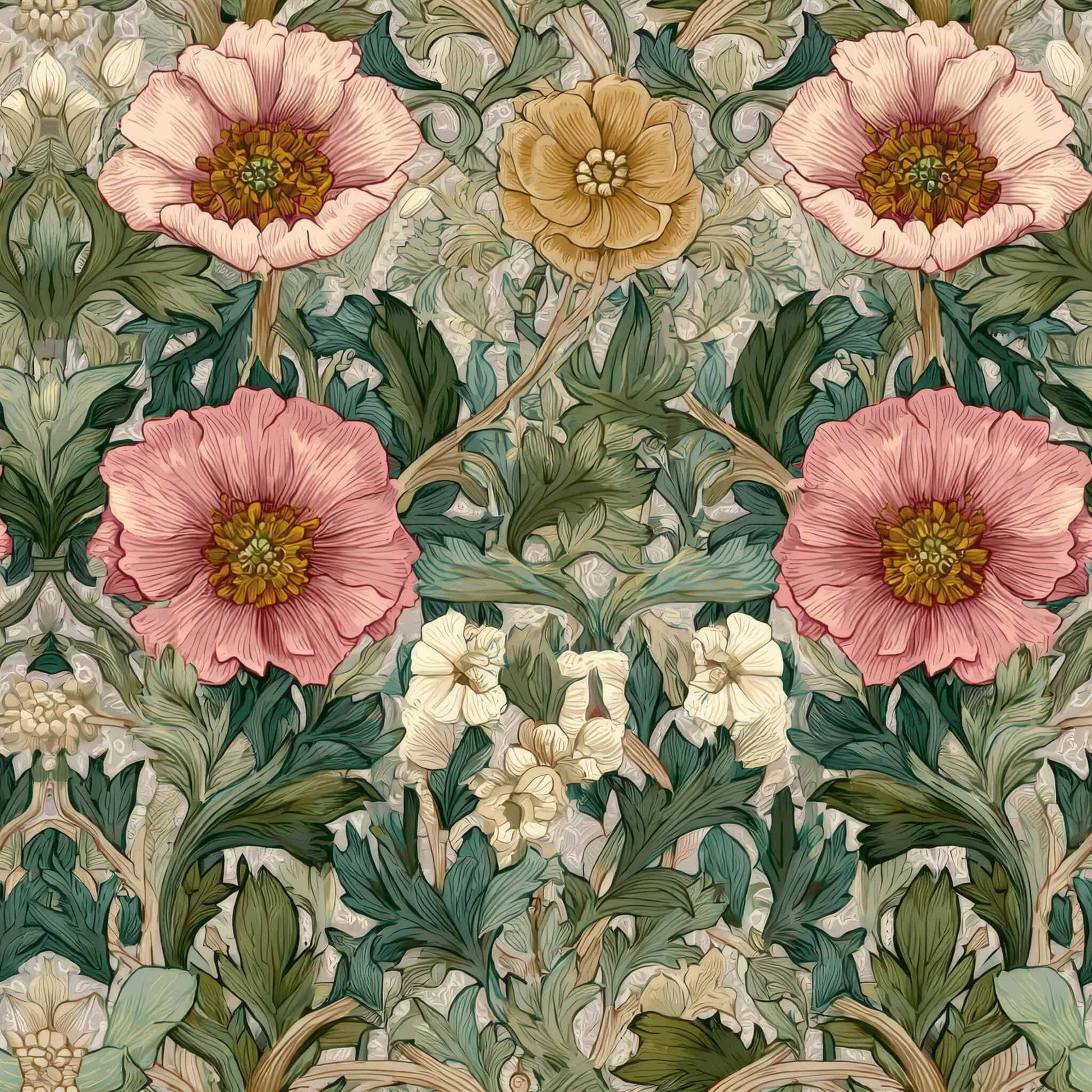 Floral wallpaper featuring pink and yellow flowers with lush green leaves.