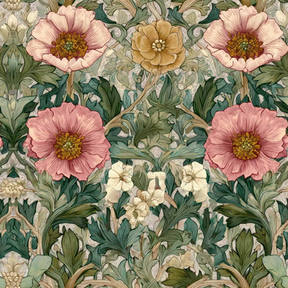Floral wallpaper featuring pink and yellow flowers with lush green leaves.