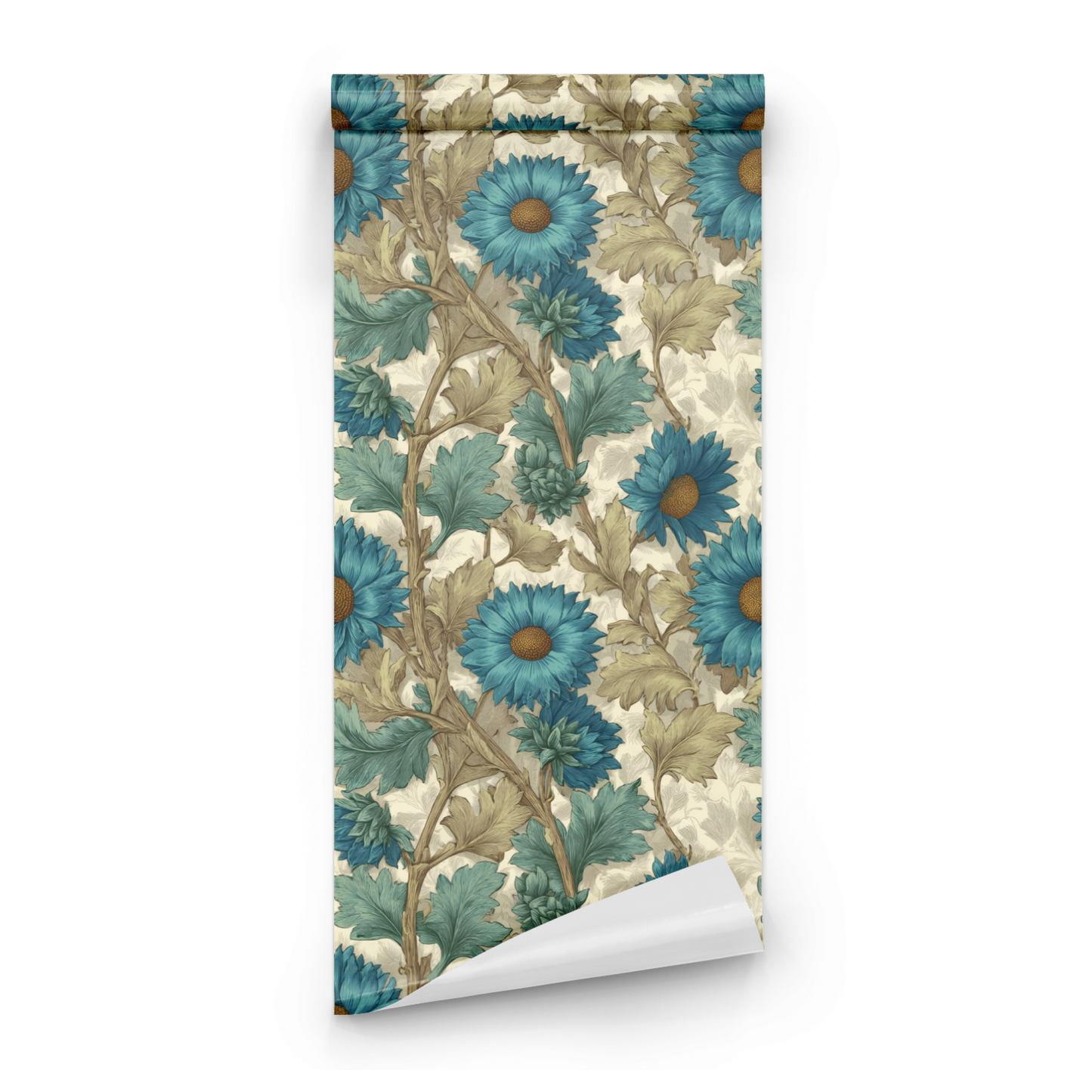 Green Floral Wallpaper roll preview showing the chrysanthemum drawing and the green-and-cobalt detail in fine line work
