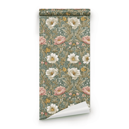 Green Floral Wallpaper roll preview showing the blossom floral drawing in close olive green Arts and Crafts detail