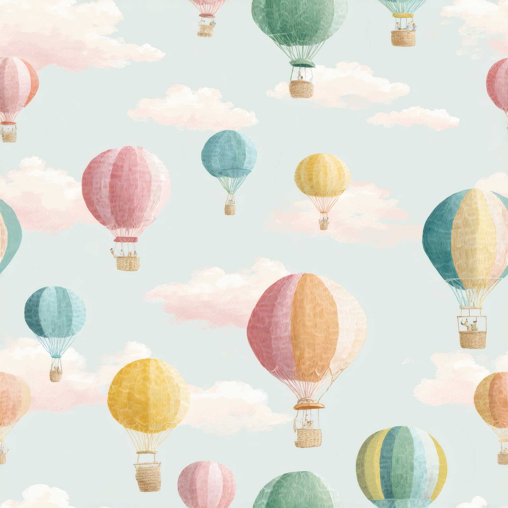 Wallpaper with pastel hot air balloons and clouds on a light blue background.