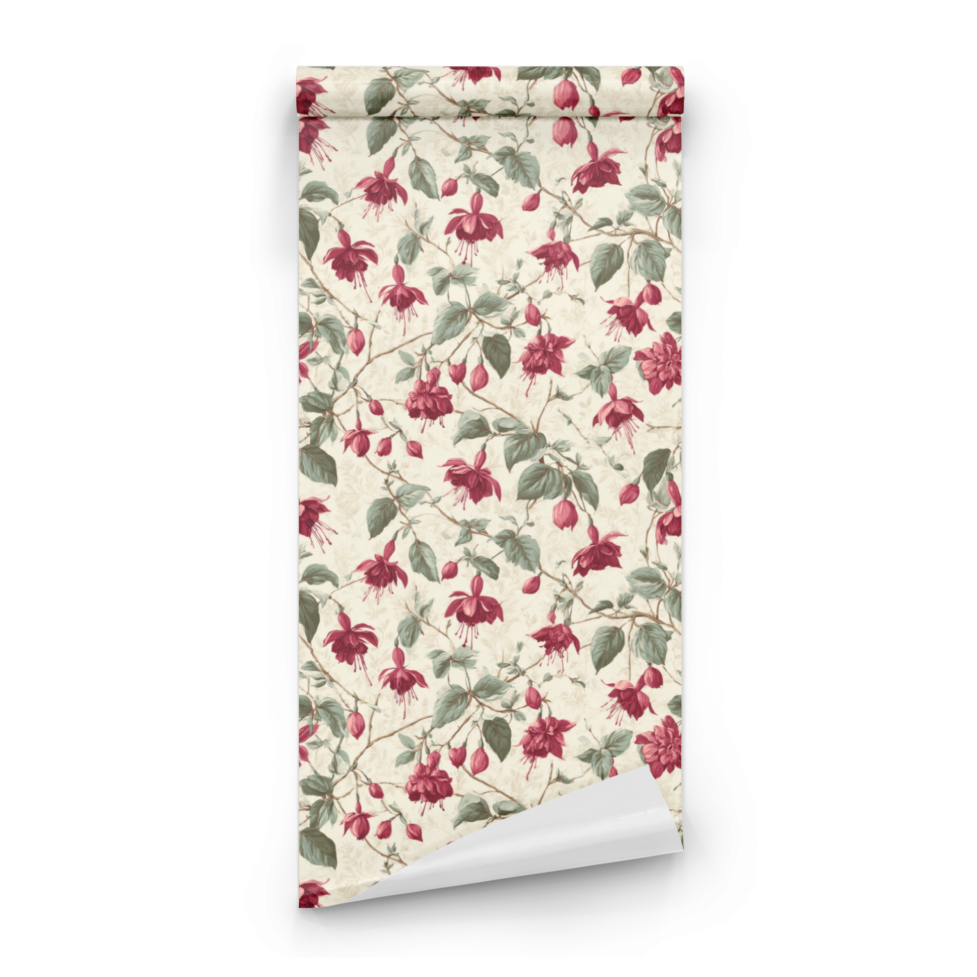 Cream Floral Wallpaper roll preview showing the fuchsia flower drawing in cream-and-garnet Victorian detail