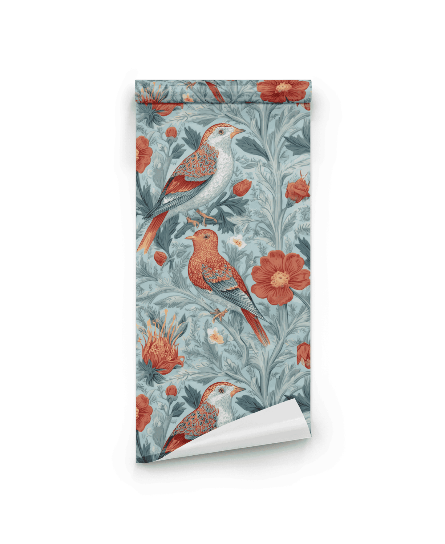 Sienna Songbird Wallpaper features a vintage floral pattern with vivid birds and red blooms on a light blue background, perfect for adding nature-inspired decor to any room.