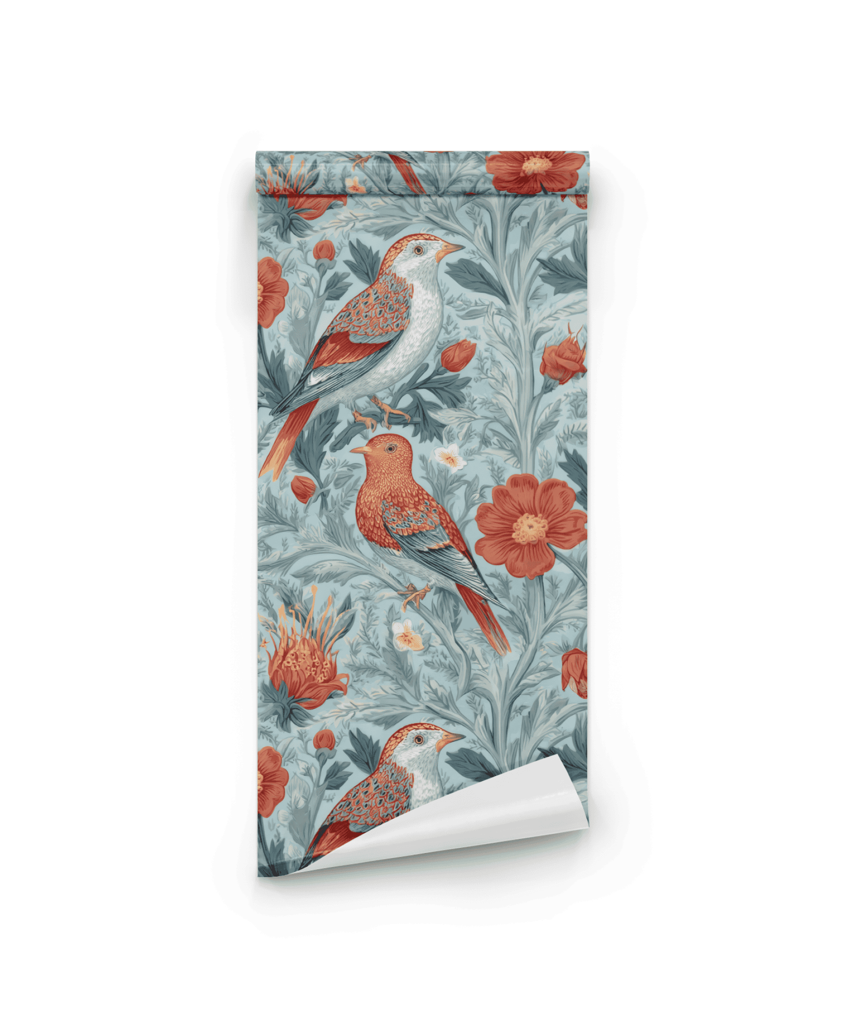 Sienna Songbird Wallpaper features a vintage floral pattern with vivid birds and red blooms on a light blue background, perfect for adding nature-inspired decor to any room.