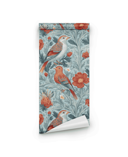 Sienna Songbird Wallpaper features a vintage floral pattern with vivid birds and red blooms on a light blue background, perfect for adding nature-inspired decor to any room.