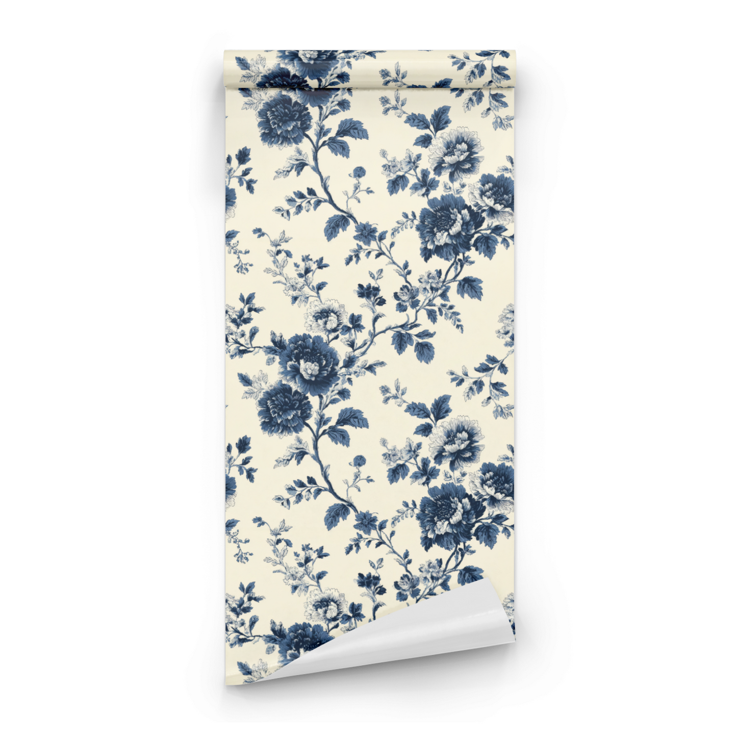 Blue Floral Wallpaper roll preview showing the magnolia flower drawing and the denim blue Arts and Crafts palette in close detail