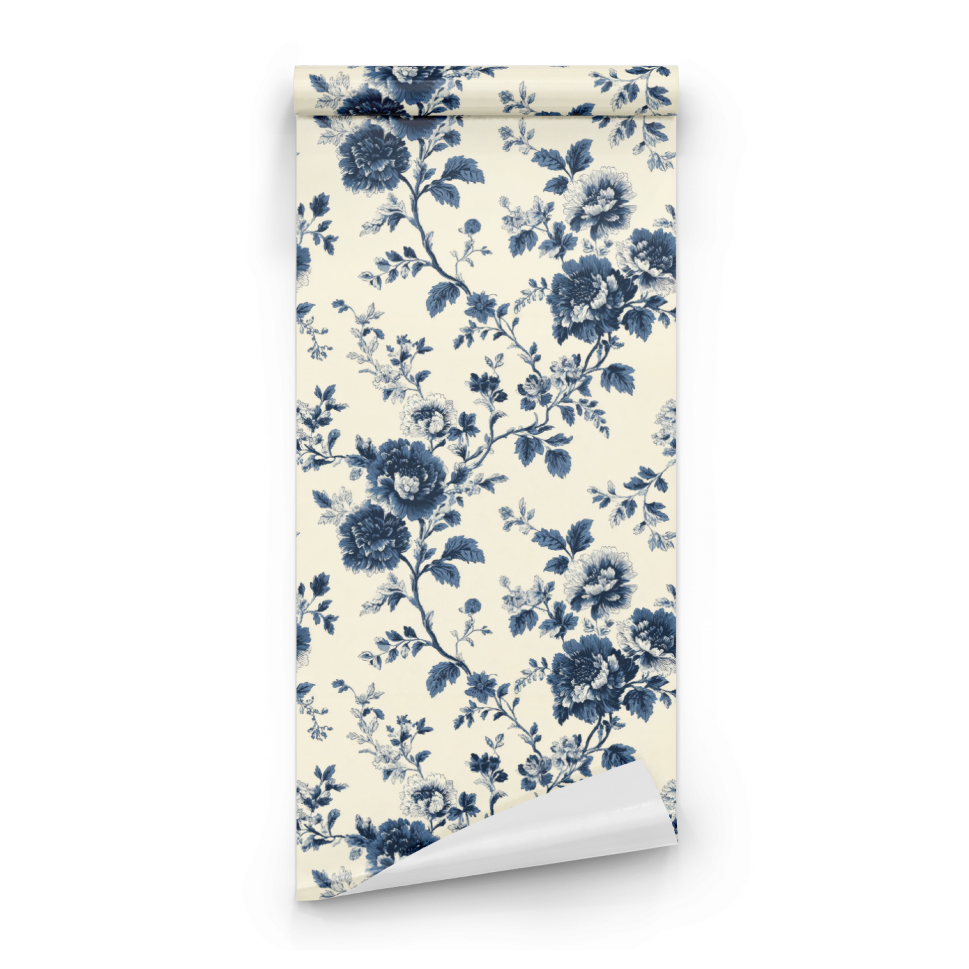 Blue Floral Wallpaper roll preview showing the magnolia flower drawing and the denim blue Arts and Crafts palette in close detail