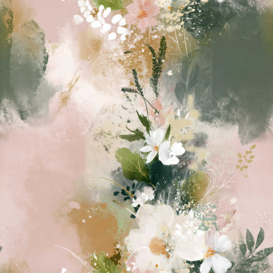 Floral pattern wallpaper with soft pink, earthy green, and white flowers.