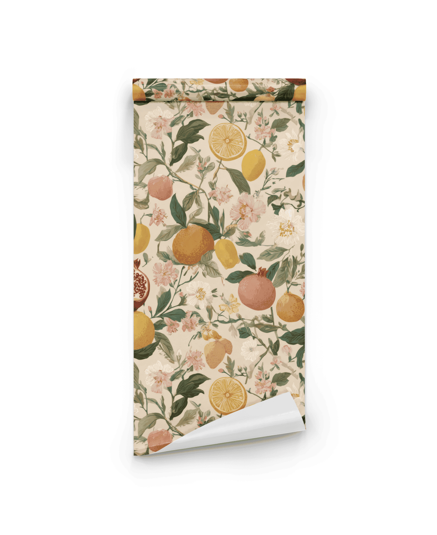 Citrus Blossom Wallpaper features a floral design with oranges, lemons, and flowers on a beige background, perfect for creating a fresh ambiance.