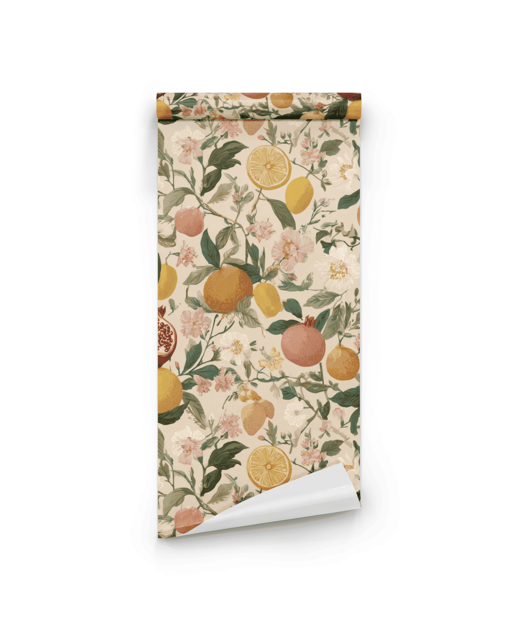 Citrus Blossom Wallpaper features a floral design with oranges, lemons, and flowers on a beige background, perfect for creating a fresh ambiance.