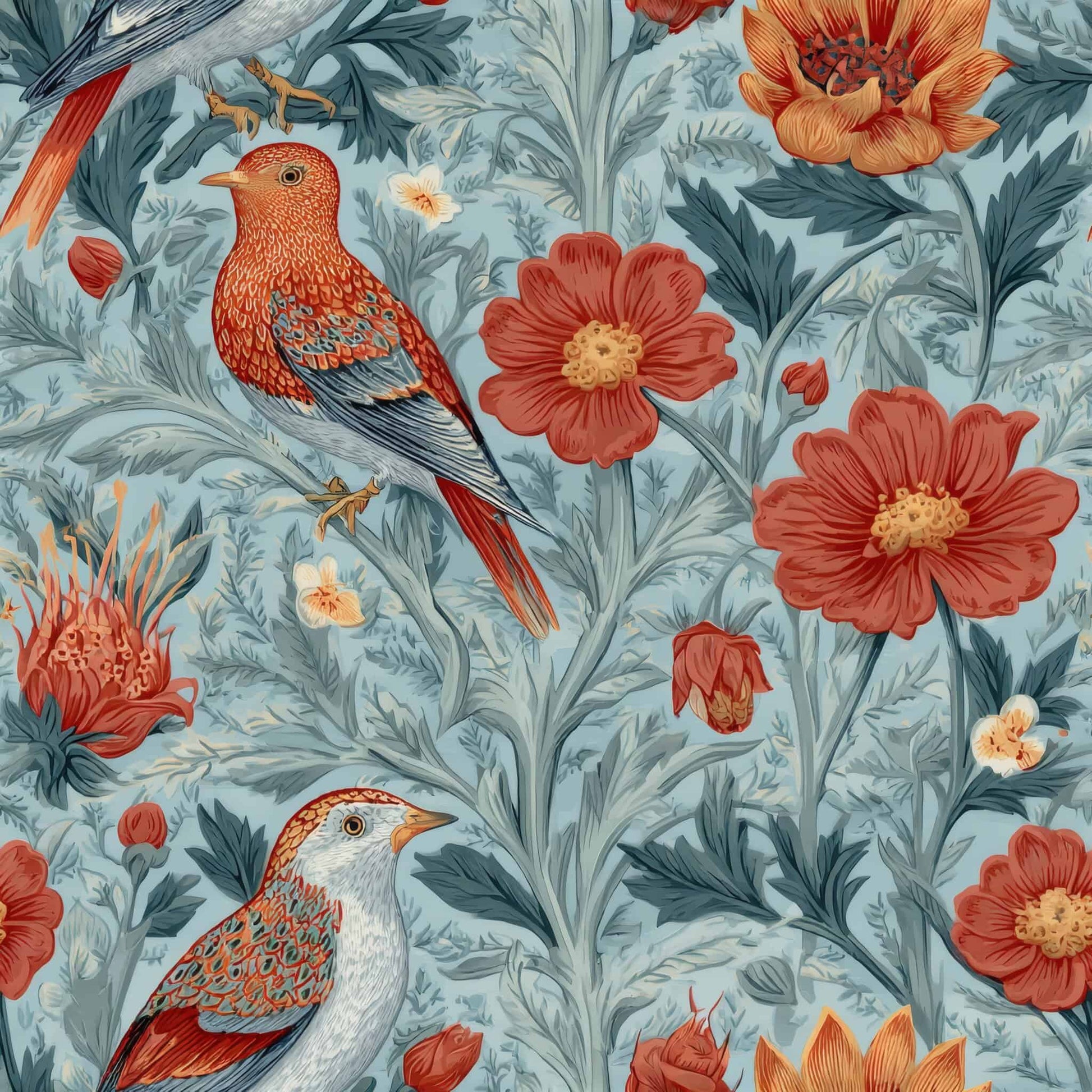 Wallpaper with vivid red birds and orange flowers on a blue background.