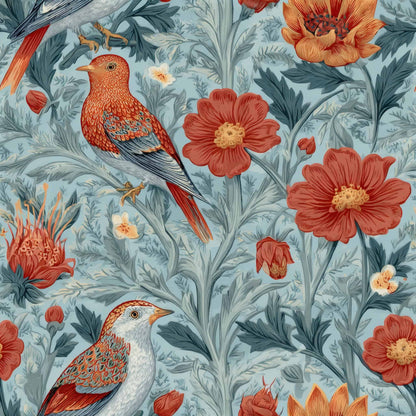 Wallpaper with vivid red birds and orange flowers on a blue background.
