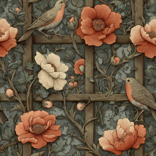 Wallpaper design with vibrant flowers and birds in earthy tones.